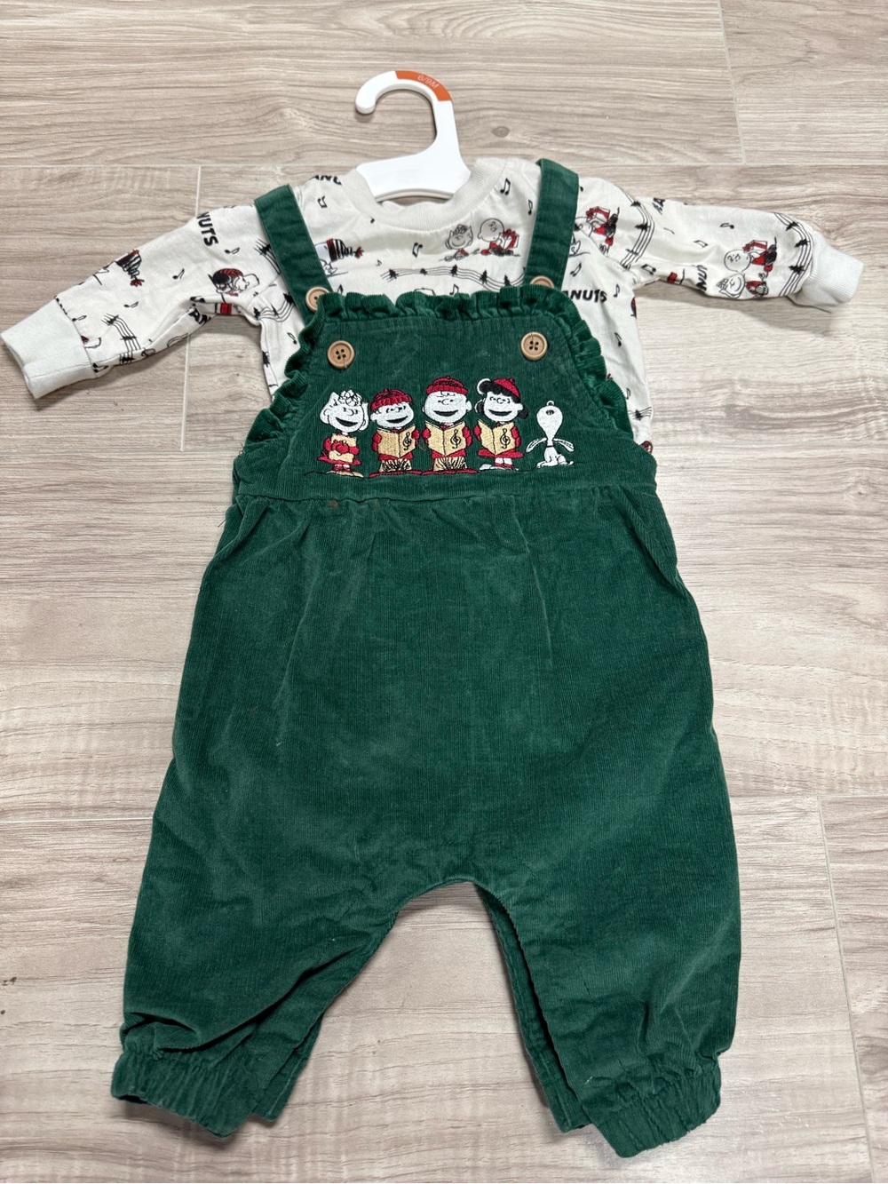 Green Corduroy Kids Overalls with Peanuts Embroidery Baby Size 3Months Rare